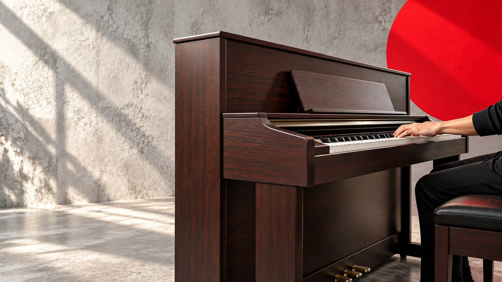 Piano digital Yamaha Clavinova en uso en un salón, manos sobre el teclado